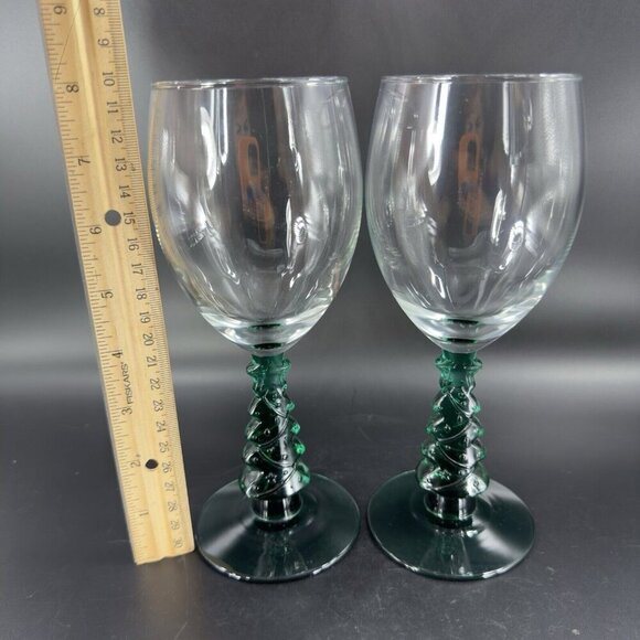 Libbey Green Christmas Tree Stem Water Goblet Wine Glass Crystal Cup Set Of 2 - Picture 6 of 15